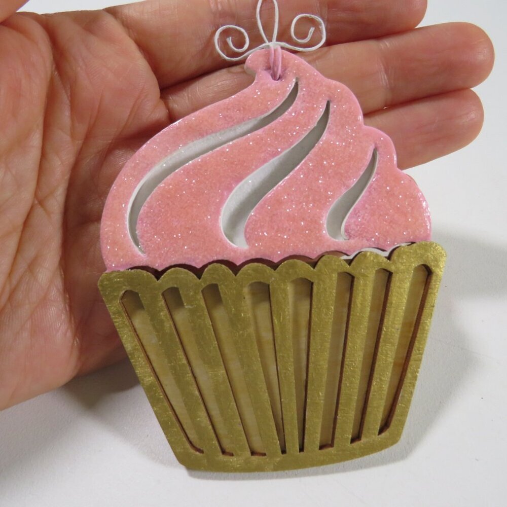 Peach Cupcake Laser Cut Wooden Ornament Hangs